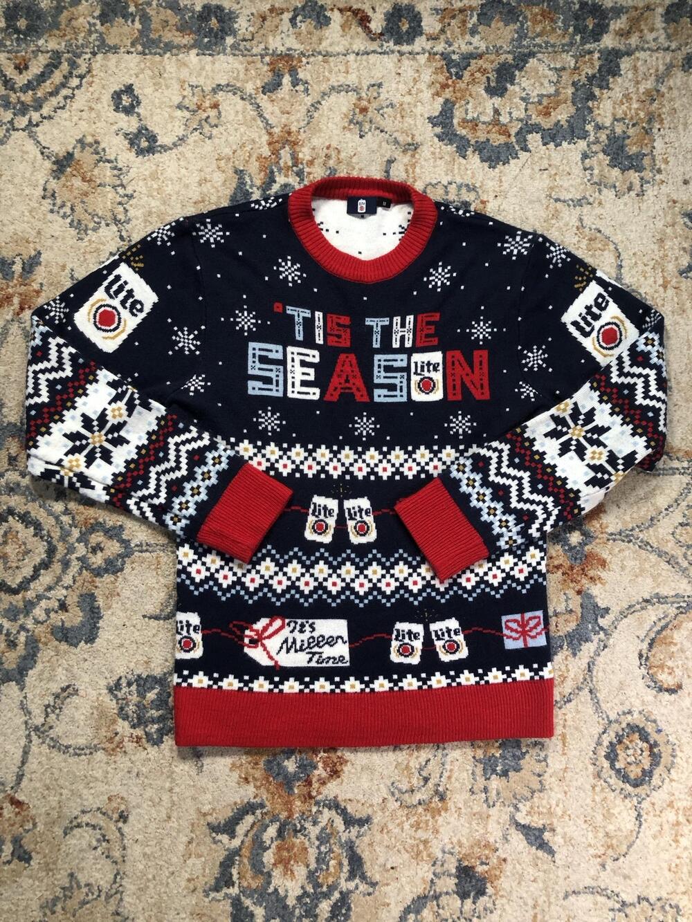 Miller Lite Sweater Mens Medium Blue Tis The Season Christmas Ugly Knit Pullover